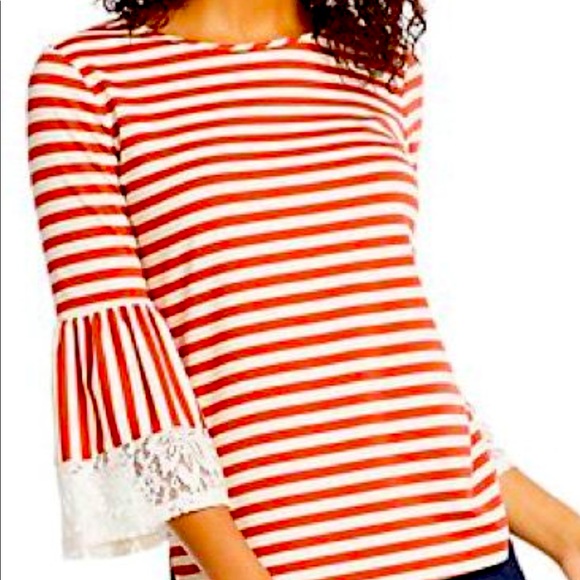 Van Heusen Tops - Van Heusen orange/white top w/ lace bell sleeves.